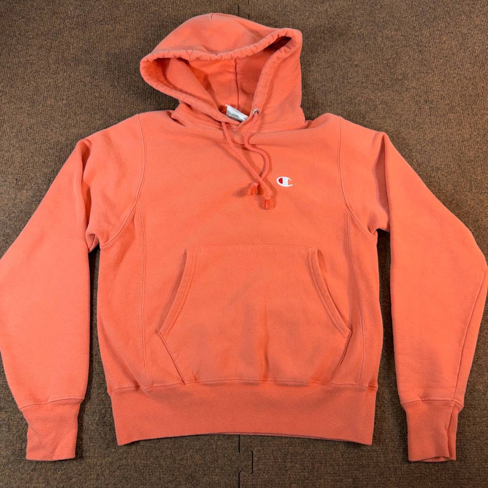 Champion Reverse Weave Hoodie Women XS Coral Orange C Logo Sweatshirt GF68 DOH
